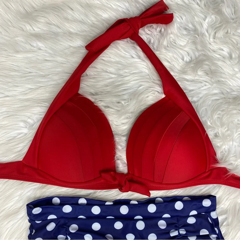 Aixy Women’s NWT Two Piece Retro High Waisted Polka Dot Bikini Swimsuit - Picture 6 of 16